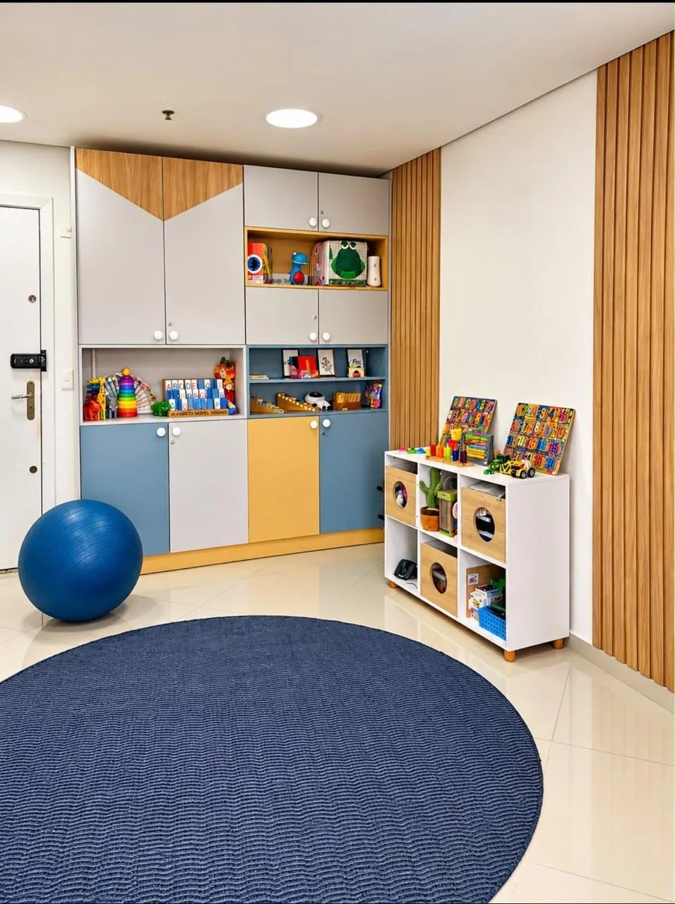 Sala de atendimento infantil com materiais pedagógicos, bola terapêutica e recursos organizados