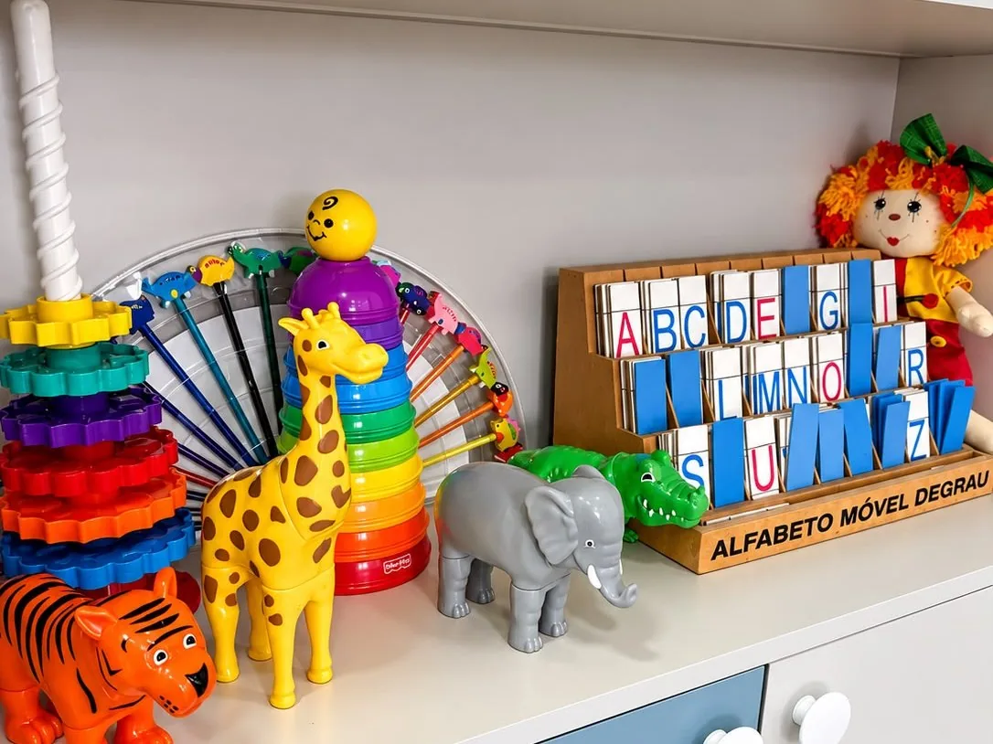 Prateleiras com jogos, brinquedos e recursos visuais para atividades terapêuticas