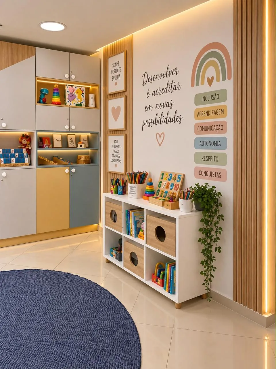 Sala da clínica com tapete de atividades e recursos organizados para o atendimento infantil