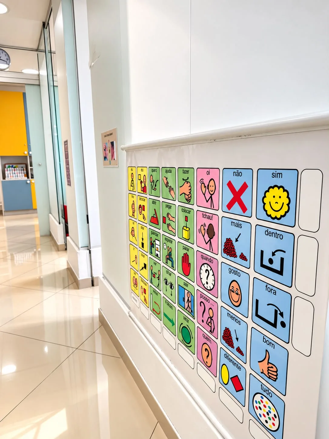 Painel visual com recursos de aprendizagem em uma das salas da clínica