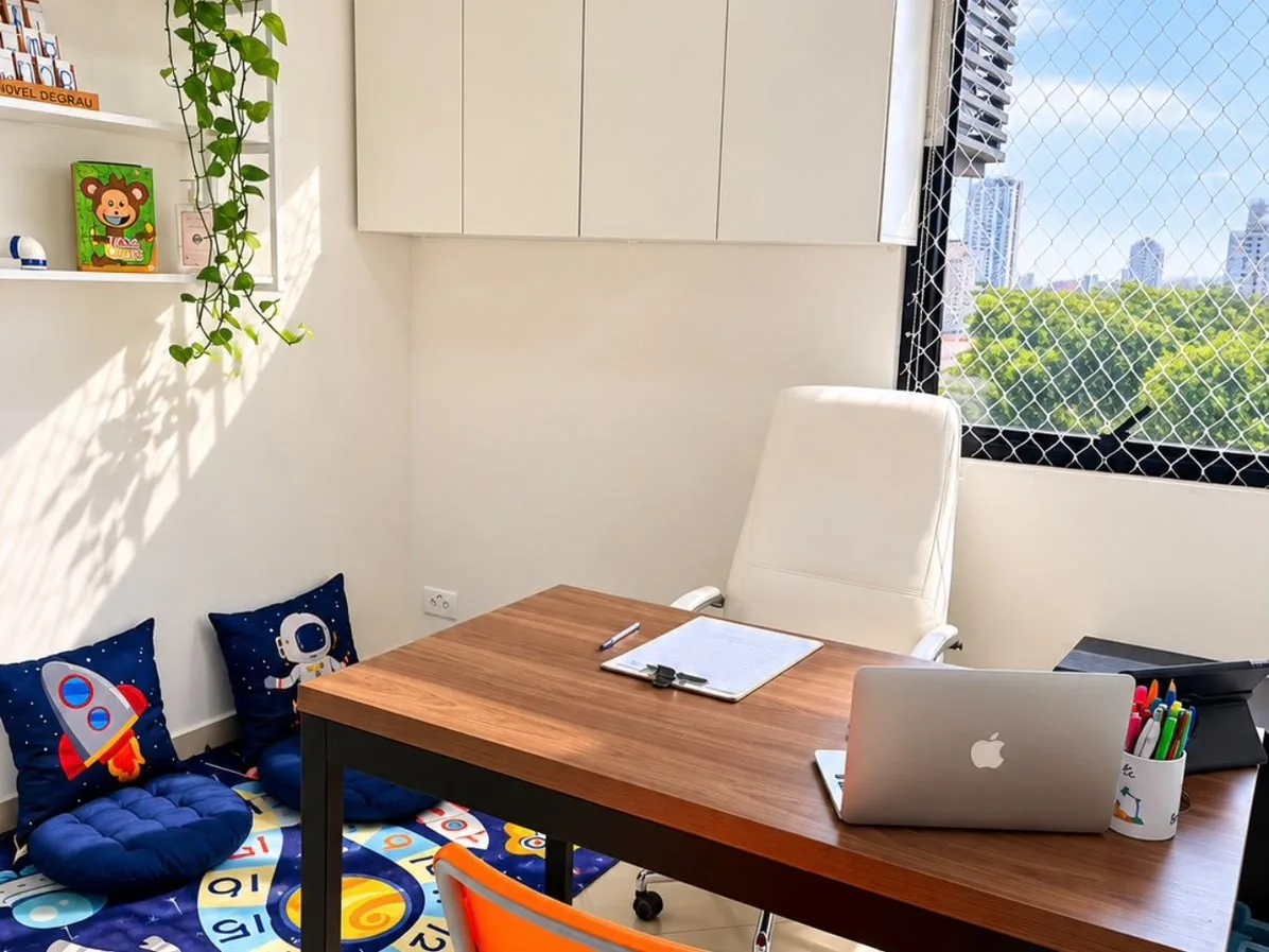 Sala de atendimento organizada para conversas, observação e planejamento do acompanhamento infantil