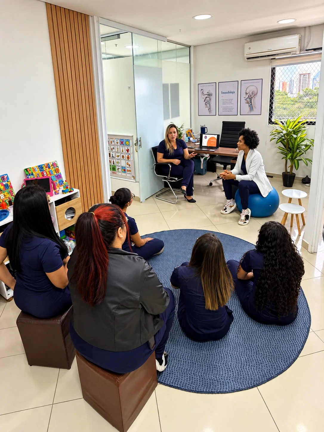 Profissionais reunidos em uma mesa para conversar e alinhar estratégias de atendimento