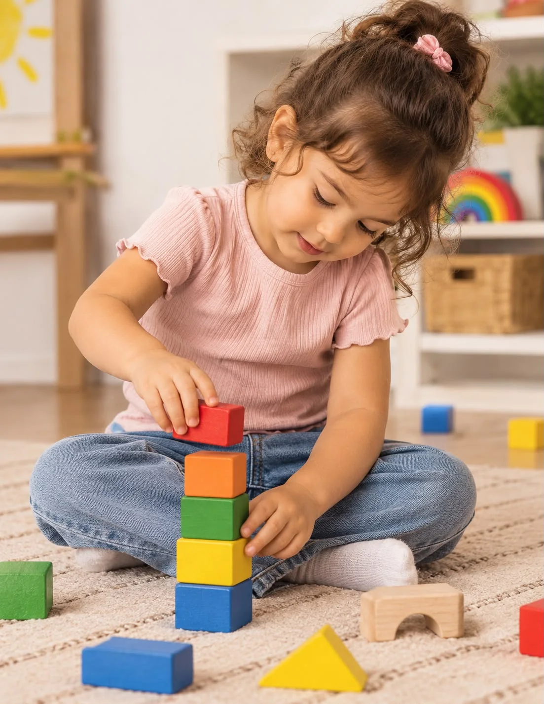 Criança participa de uma atividade de construção com blocos coloridos durante uma proposta de aprendizagem.