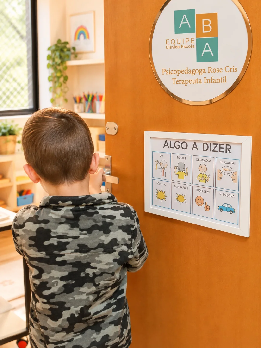 Criança observa um painel visual de comunicação e aprendizagem na clínica